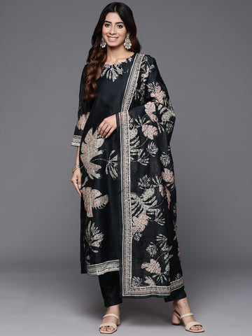 Varanga Women Round Neck Floral Printed Embroidered Kurta Paired With Solid Bottom And  French Knot Embroidered  Dupatta